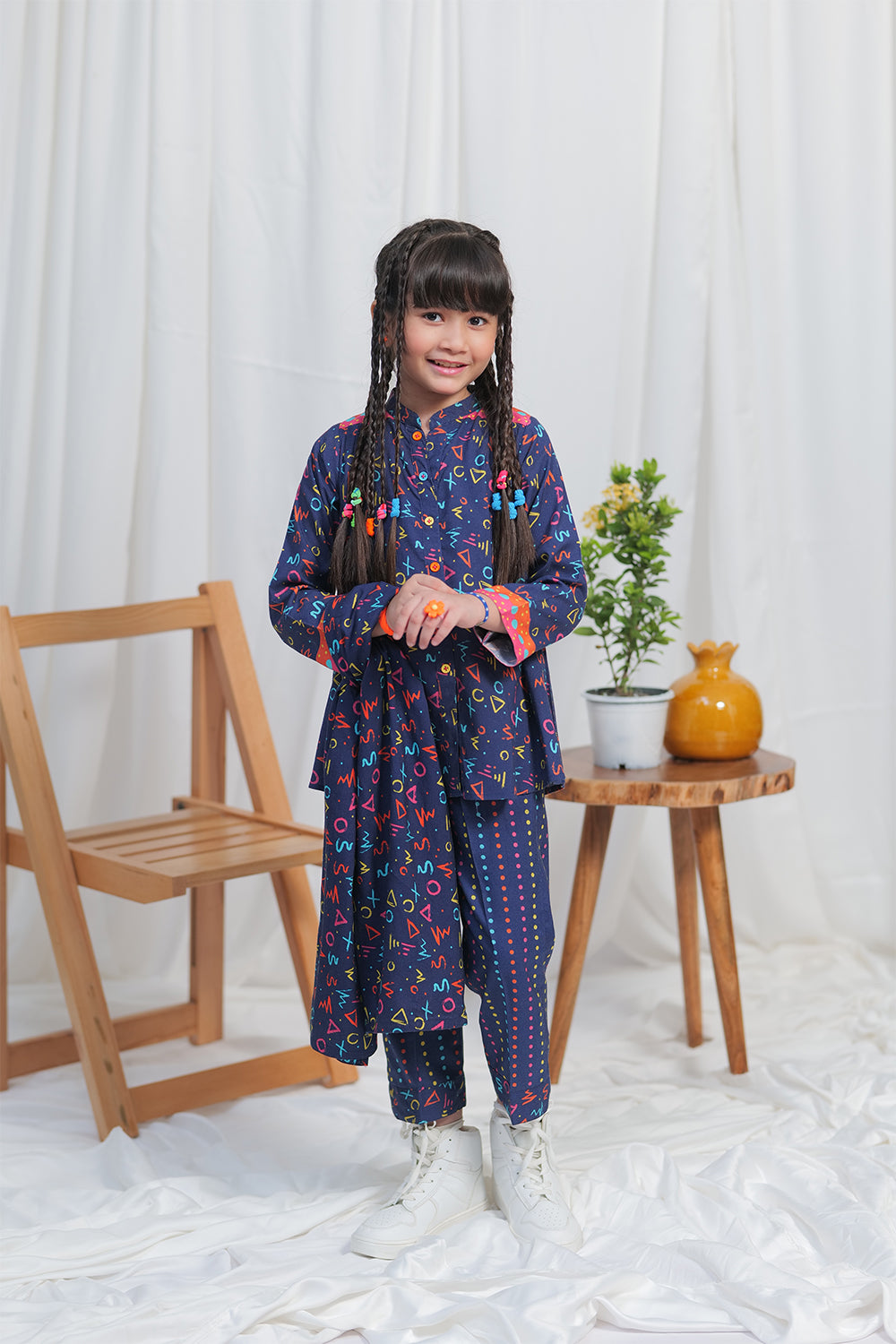 Senorita Kids RTW N.Blue and Multicolor Casual 3 Piece Suit Viscose Acrylic Linen Printed KAD-02108 - Winter Collection