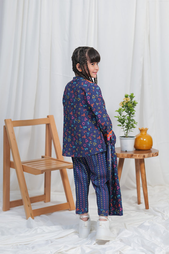 Senorita Kids RTW N.Blue and Multicolor Casual 3 Piece Suit Viscose Acrylic Linen Printed KAD-02108 - Winter Collection