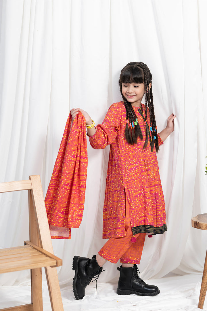 Senorita Kids RTW Orange and Multicolor Casual 3 Piece Suit Viscose Acrylic Linen Printed KAD-02085 - Winter Collection