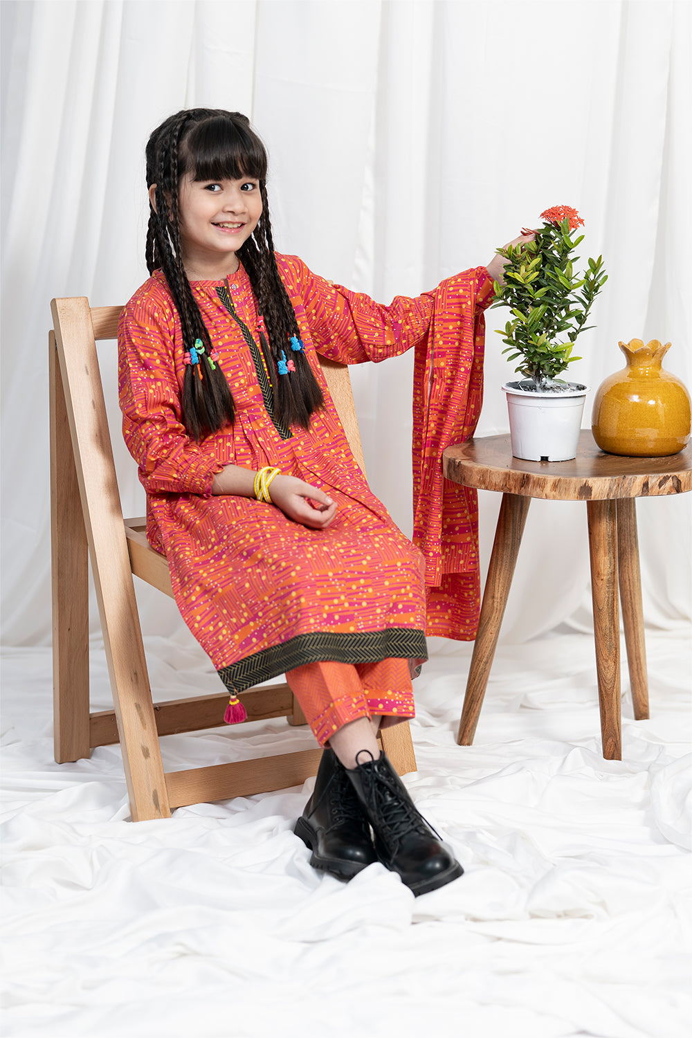 Senorita Kids RTW Orange and Multicolor Casual 3 Piece Suit Viscose Acrylic Linen Printed KAD-02085 - Winter Collection