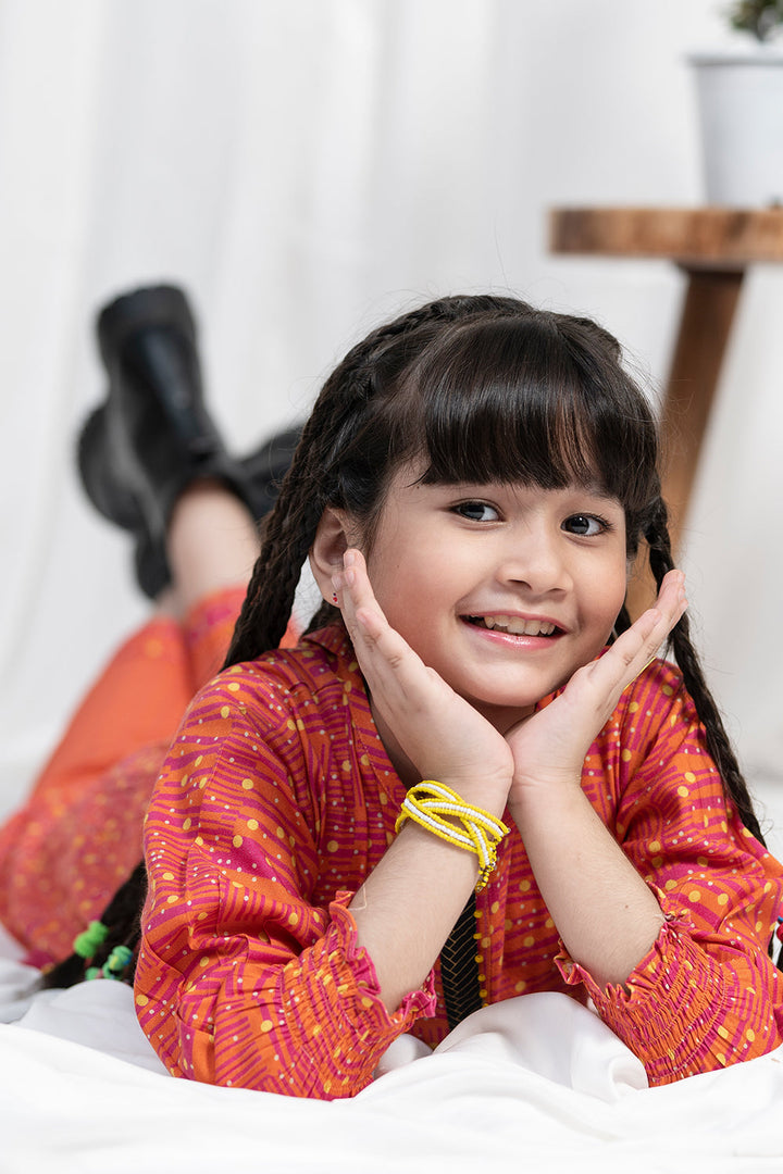 Senorita Kids RTW Orange and Multicolor Casual 3 Piece Suit Viscose Acrylic Linen Printed KAD-02085 - Winter Collection