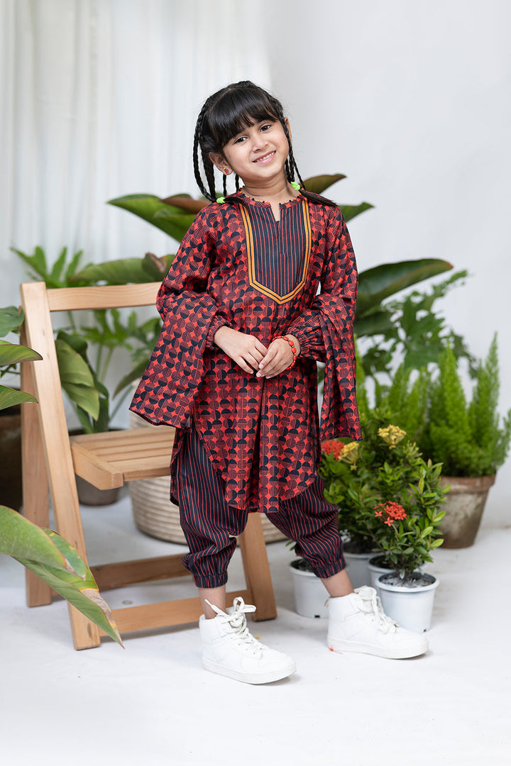 Senorita Kids RTW Red and Black Casual 3 Piece Suit Viscose Acrylic Linen Printed KAD-02124 - Winter Collection