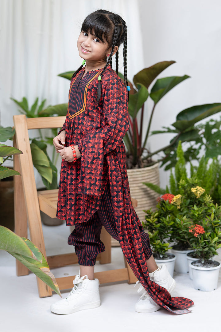 Senorita Kids RTW Red and Black Casual 3 Piece Suit Viscose Acrylic Linen Printed KAD-02124 - Winter Collection