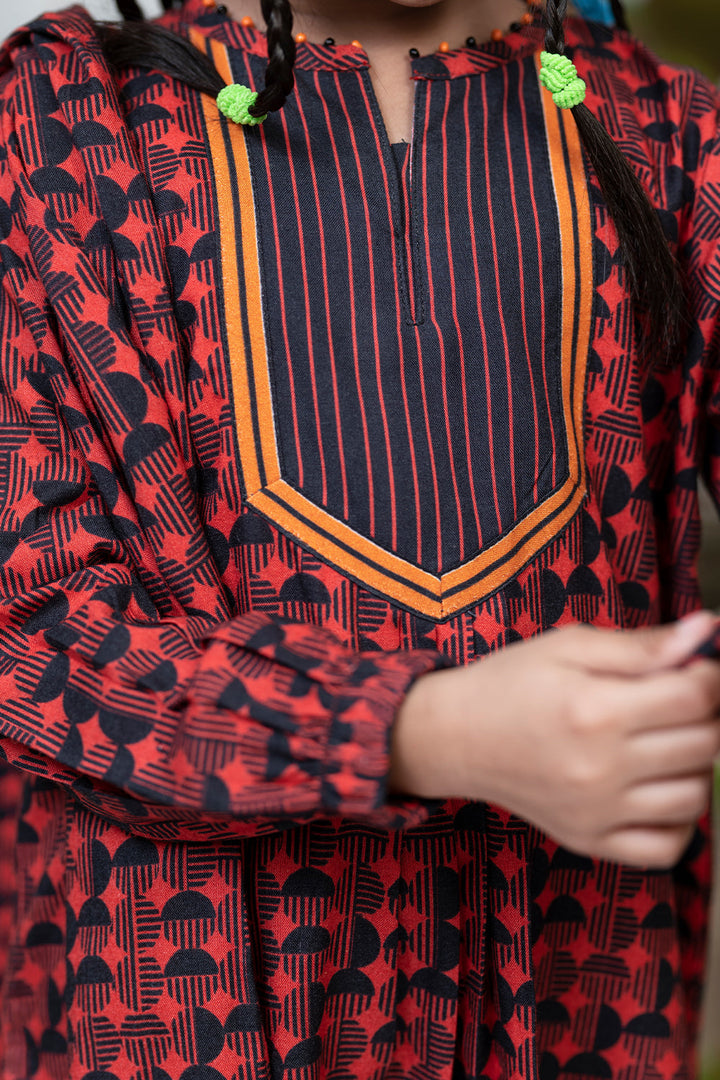 Senorita Kids RTW Red and Black Casual 3 Piece Suit Viscose Acrylic Linen Printed KAD-02124 - Winter Collection
