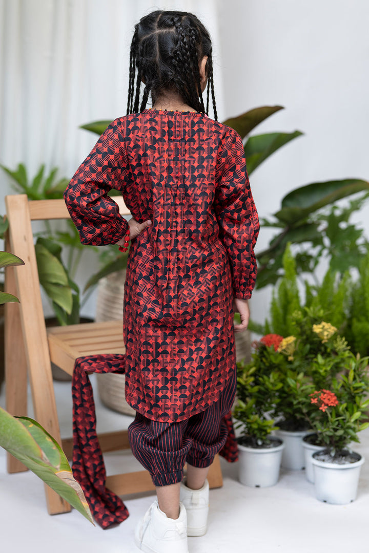 Senorita Kids RTW Red and Black Casual 3 Piece Suit Viscose Acrylic Linen Printed KAD-02124 - Winter Collection