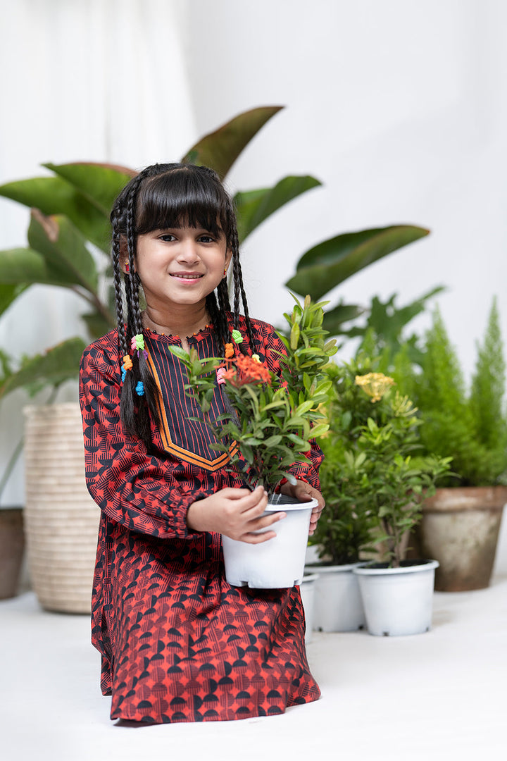 Senorita Kids RTW Red and Black Casual 3 Piece Suit Viscose Acrylic Linen Printed KAD-02124 - Winter Collection