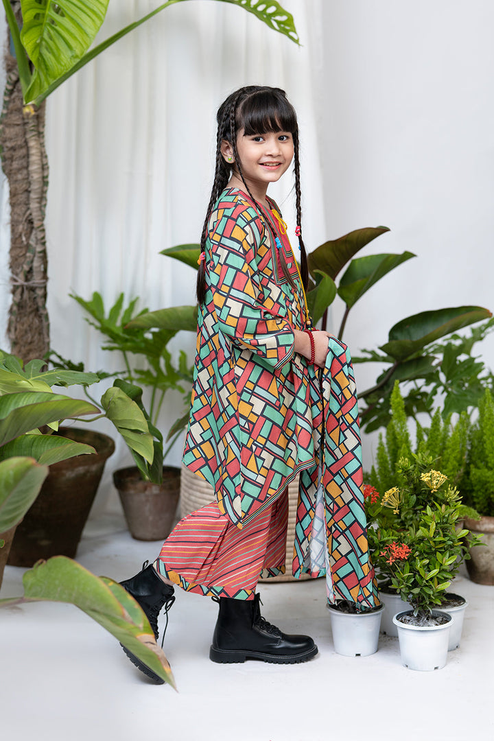 Senorita Kids RTW Red and Multicolor Casual 3 Piece Suit Viscose Acrylic Linen Printed KAD-02084 - Winter Collection