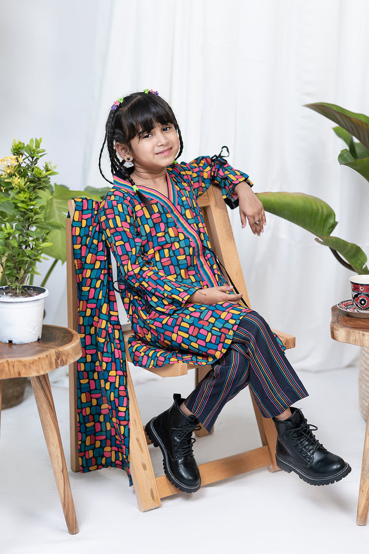 Senorita Kids RTW Black and MultiColor Casual 3 Piece Suit Viscose Acrylic Linen Printed KAD-02083 - Winter Collection