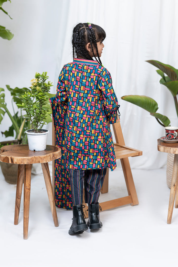 Senorita Kids RTW Black and MultiColor Casual 3 Piece Suit Viscose Acrylic Linen Printed KAD-02083 - Winter Collection