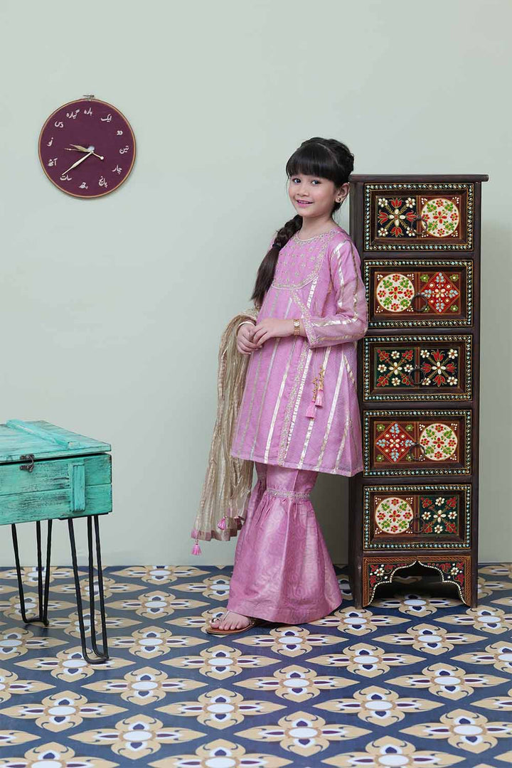Senorita Kids RTW Tea Pink and Golden Formal 3 Piece Suit Banarsi Stripe Doria KDD-02141 - Winter Collection