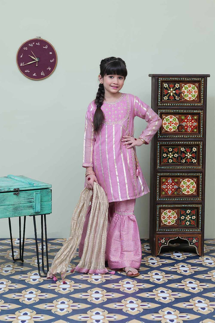 Senorita Kids RTW Tea Pink and Golden Formal 3 Piece Suit Banarsi Stripe Doria KDD-02141 - Winter Collection