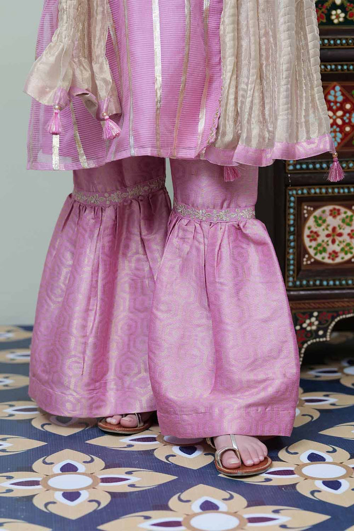 Senorita Kids RTW Tea Pink and Golden Formal 3 Piece Suit Banarsi Stripe Doria KDD-02141 - Winter Collection