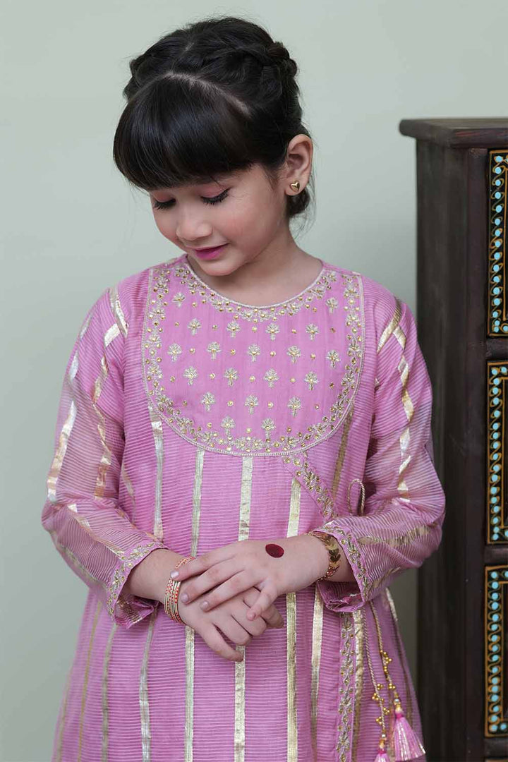 Senorita Kids RTW Tea Pink and Golden Formal 3 Piece Suit Banarsi Stripe Doria KDD-02141 - Winter Collection