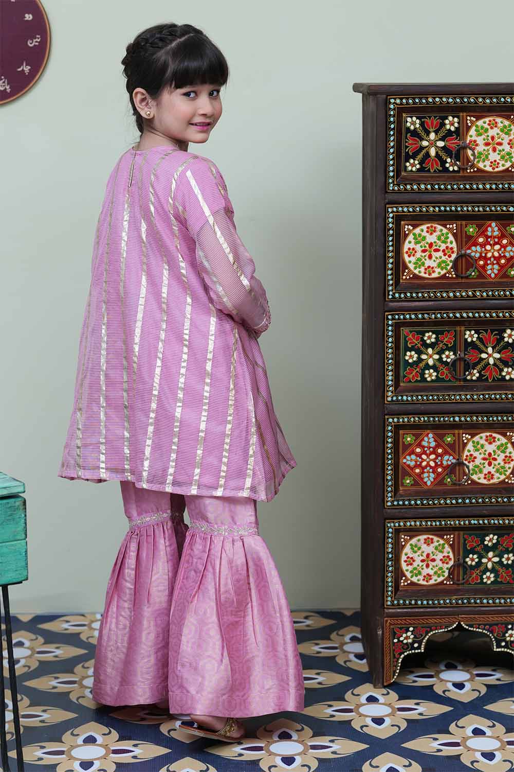 Senorita Kids RTW Tea Pink and Golden Formal 3 Piece Suit Banarsi Stripe Doria KDD-02141 - Winter Collection