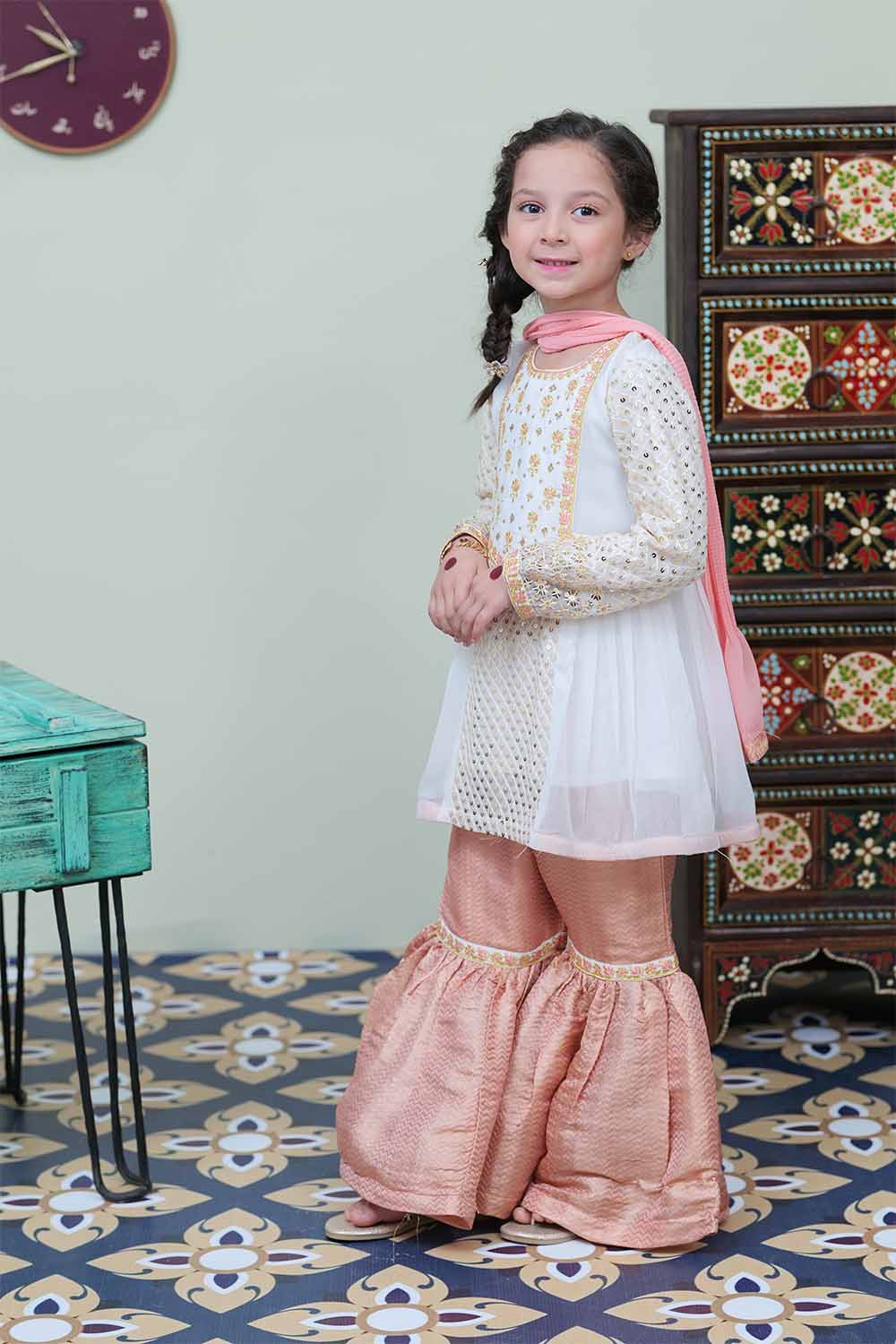 Senorita Kids RTW Off white and Pink Formal 3 Piece Suit Banarsi Viscose Jacquard KDD-02053 - Winter Collection