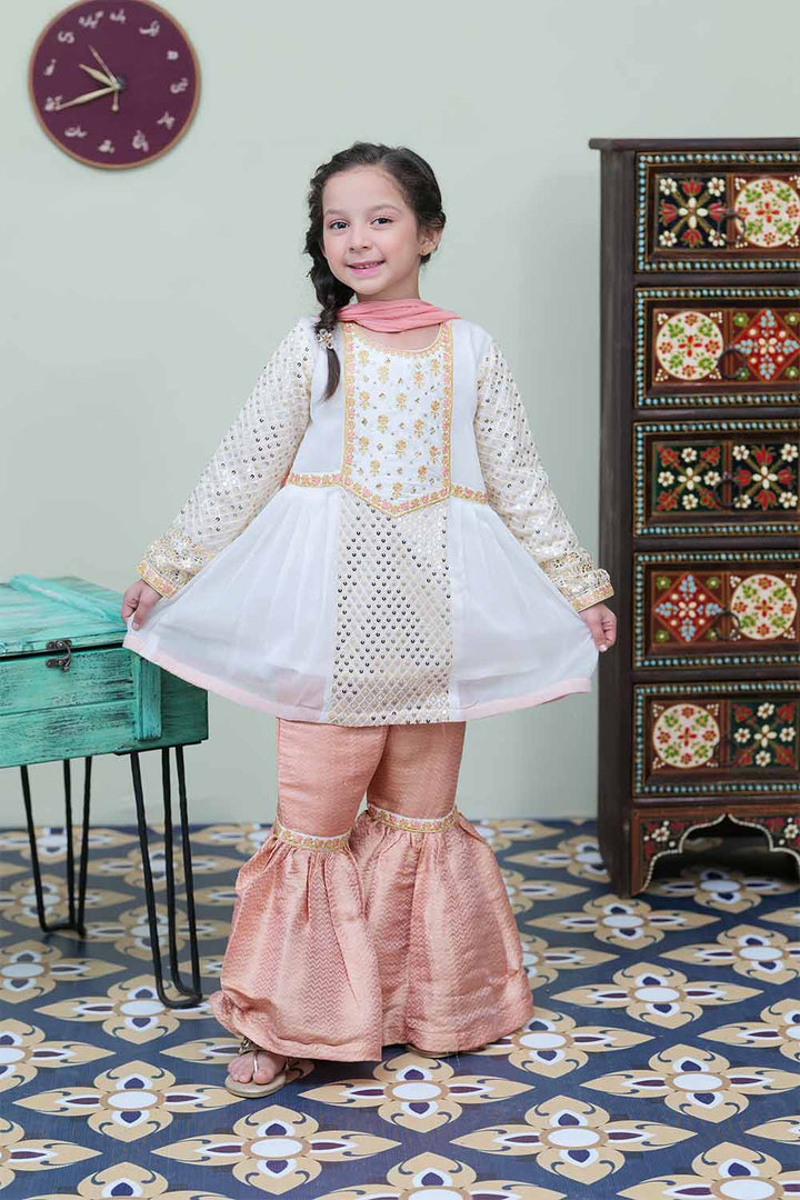 Senorita Kids RTW Off white and Pink Formal 3 Piece Suit Banarsi Viscose Jacquard KDD-02053 - Winter Collection