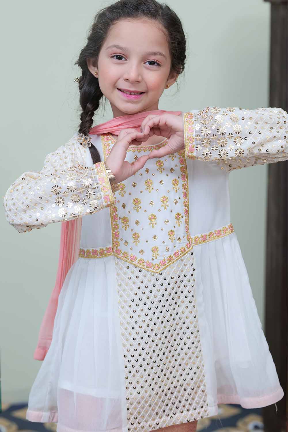 Senorita Kids RTW Off white and Pink Formal 3 Piece Suit Banarsi Viscose Jacquard KDD-02053 - Winter Collection