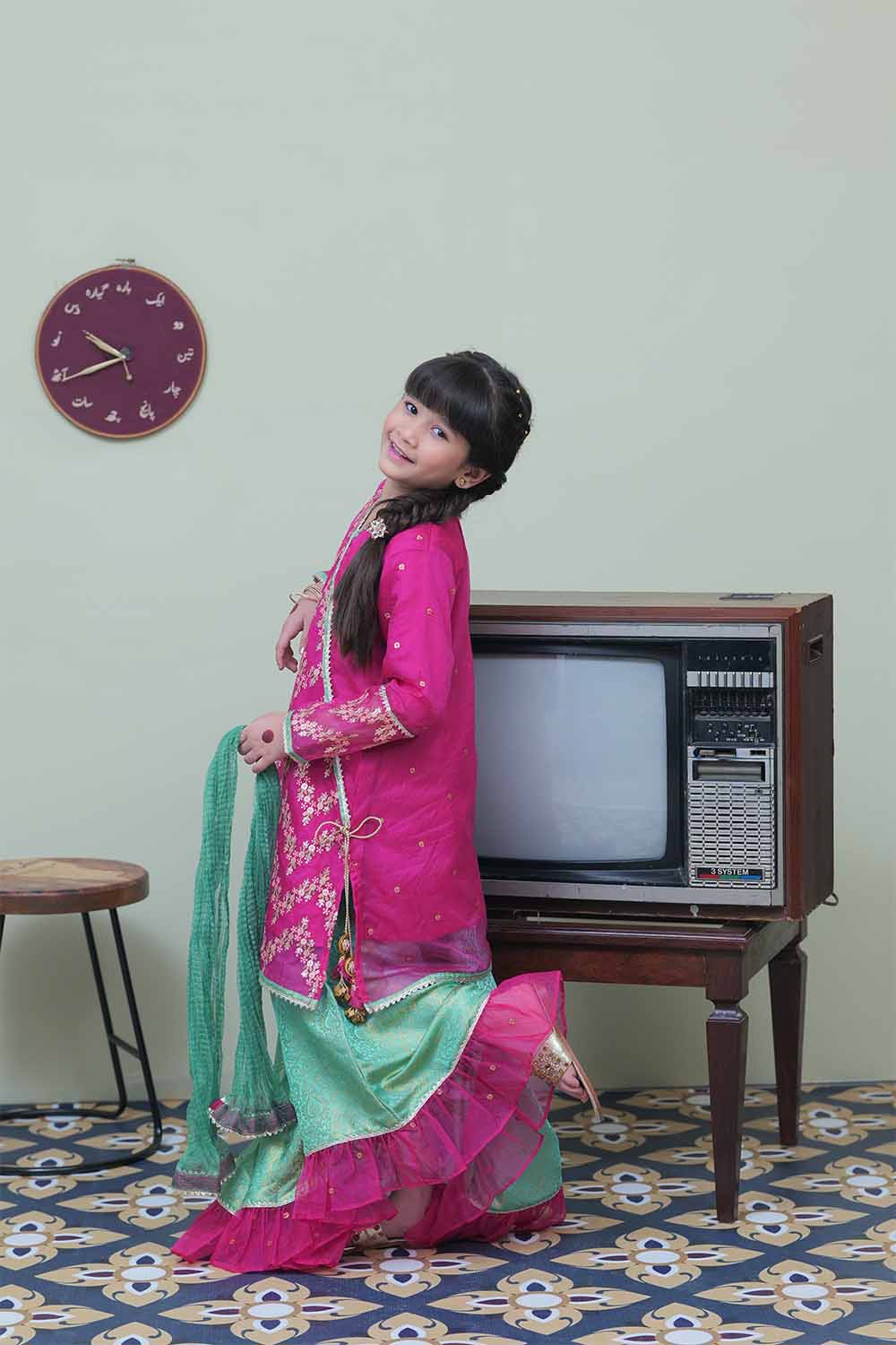 Senorita Kids RTW Shocking Pink and Sea Green Formal 3 Piece Suit Banarsi Organza tissue KDD-02090 - Winter Collection