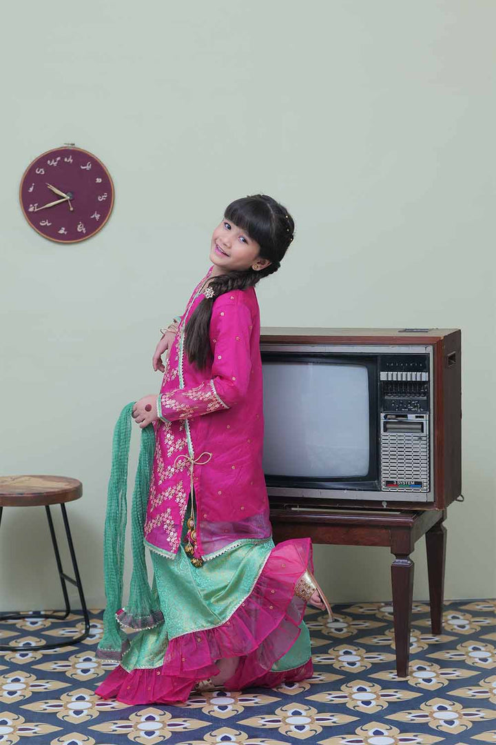 Senorita Kids RTW Shocking Pink and Sea Green Formal 3 Piece Suit Banarsi Organza tissue KDD-02090 - Winter Collection