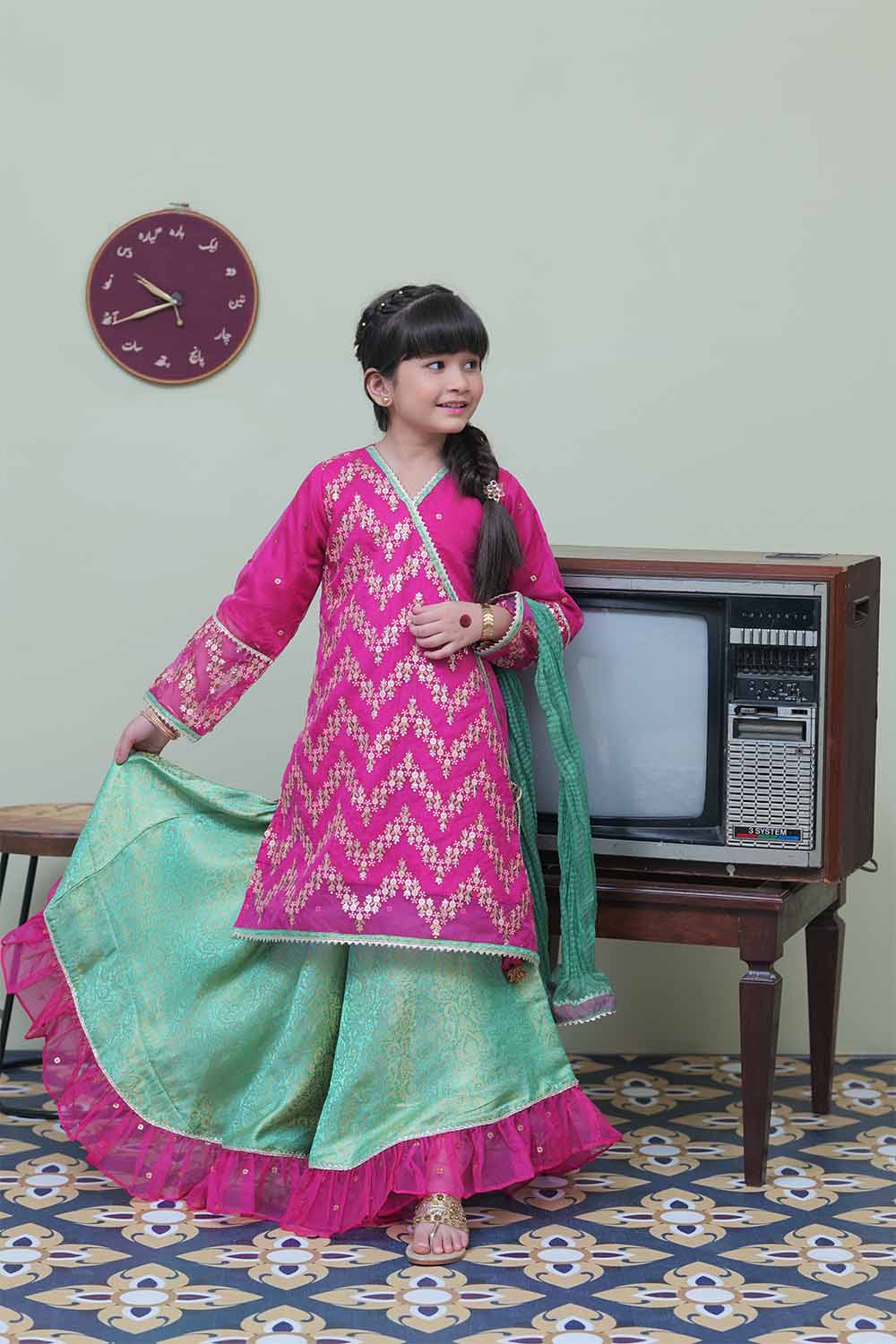 Senorita Kids RTW Shocking Pink and Sea Green Formal 3 Piece Suit Banarsi Organza tissue KDD-02090 - Winter Collection