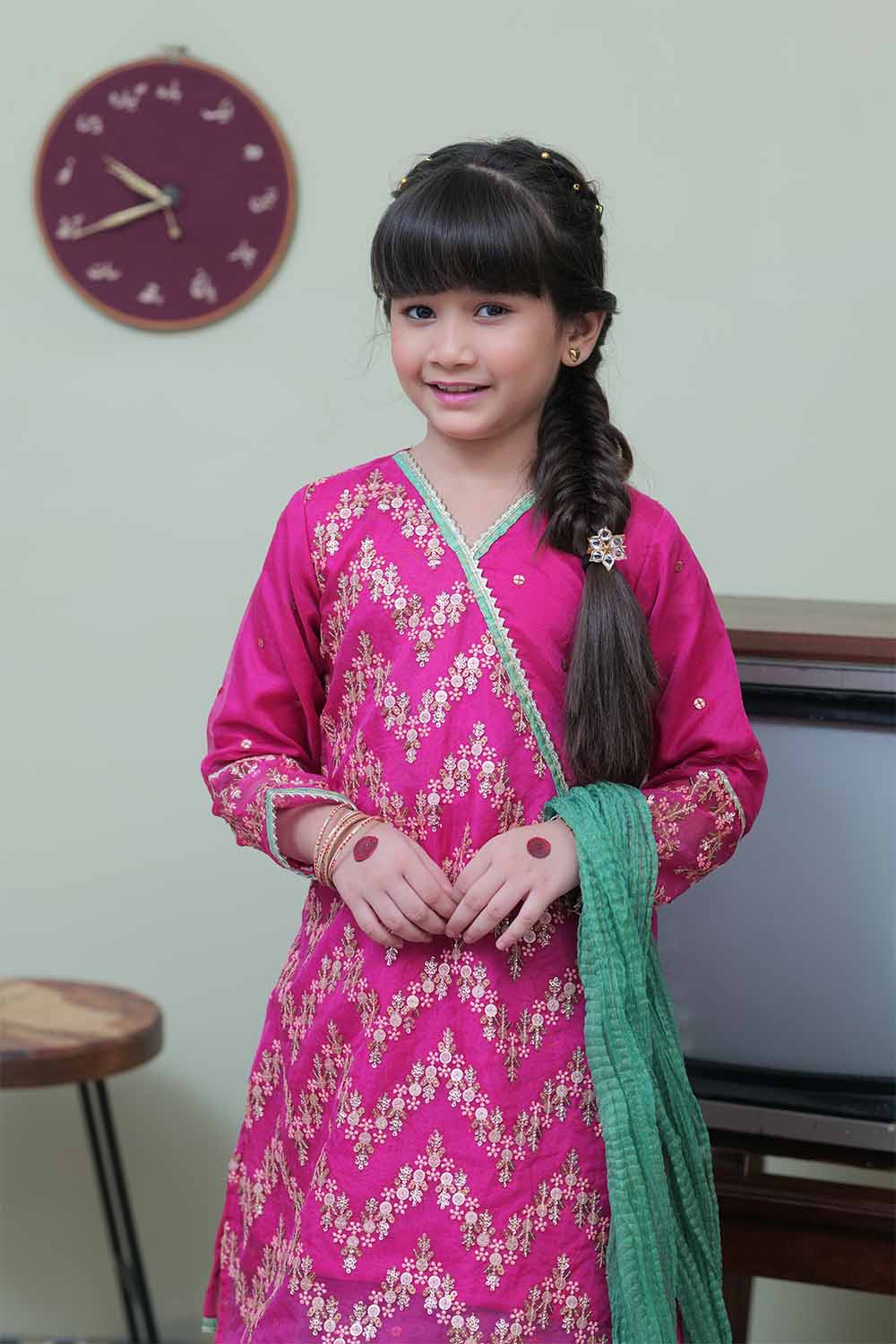 Senorita Kids RTW Shocking Pink and Sea Green Formal 3 Piece Suit Banarsi Organza tissue KDD-02090 - Winter Collection