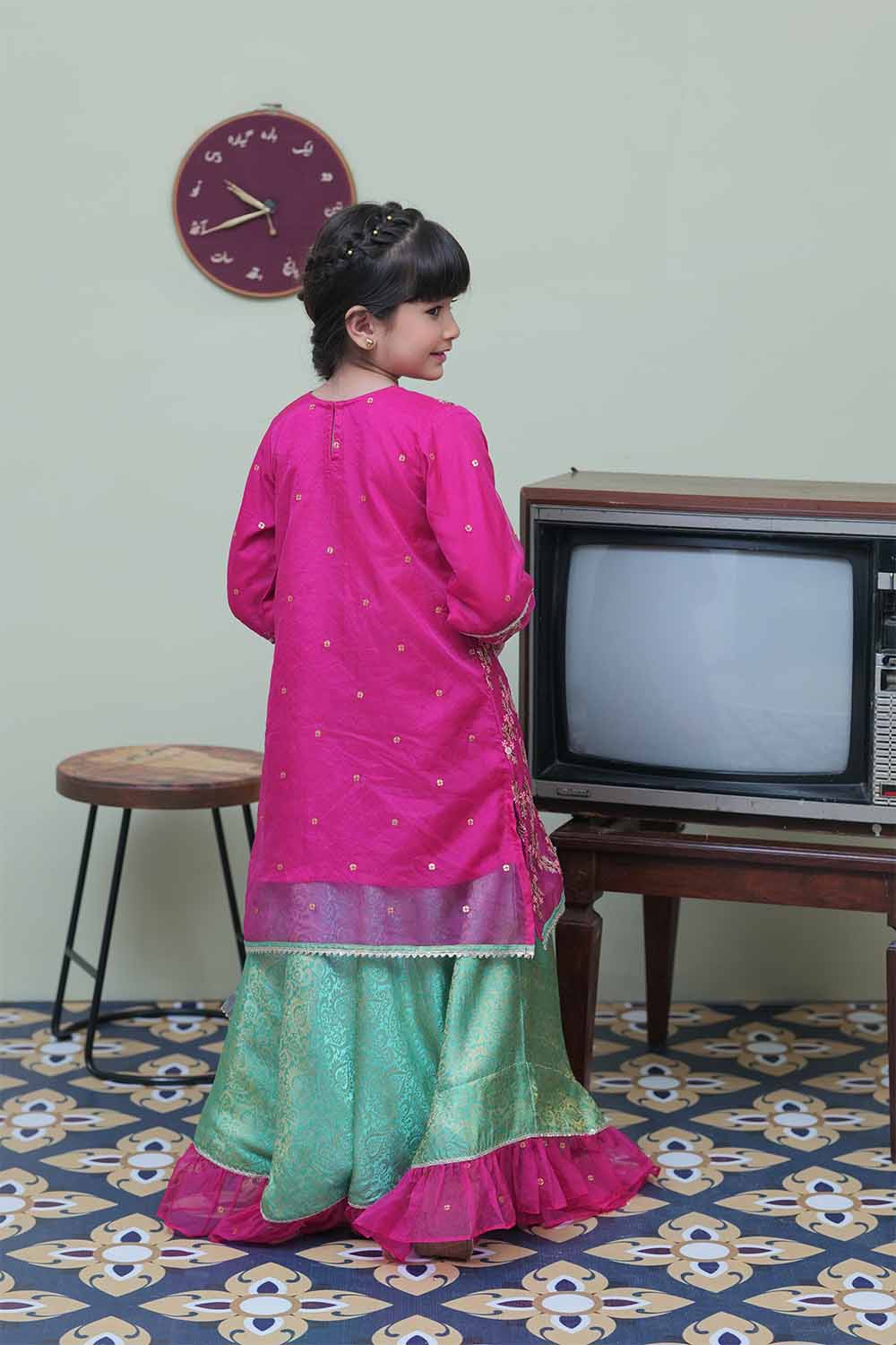 Senorita Kids RTW Shocking Pink and Sea Green Formal 3 Piece Suit Banarsi Organza tissue KDD-02090 - Winter Collection