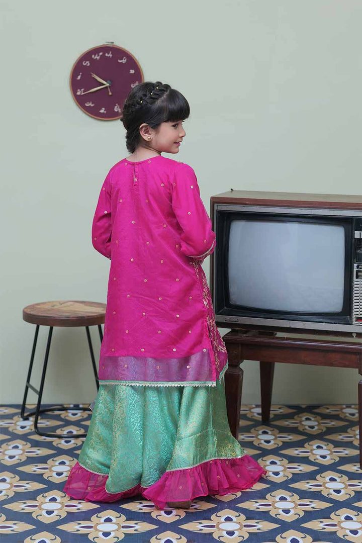 Senorita Kids RTW Shocking Pink and Sea Green Formal 3 Piece Suit Banarsi Organza tissue KDD-02090 - Winter Collection