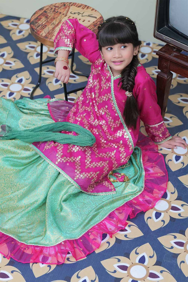 Senorita Kids RTW Shocking Pink and Sea Green Formal 3 Piece Suit Banarsi Organza tissue KDD-02090 - Winter Collection
