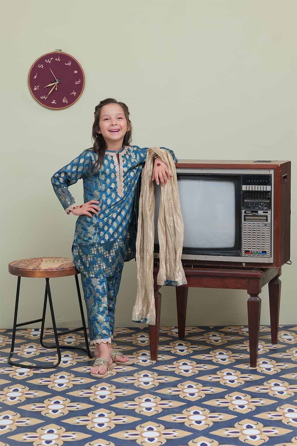 Senorita Kids RTW Tarqouise blue and Golden Formal 3 Piece Suit Banarsi Jacquard KDD-02106 - Winter Collection