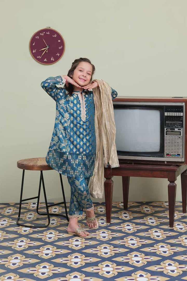 Senorita Kids RTW Tarqouise blue and Golden Formal 3 Piece Suit Banarsi Jacquard KDD-02106 - Winter Collection