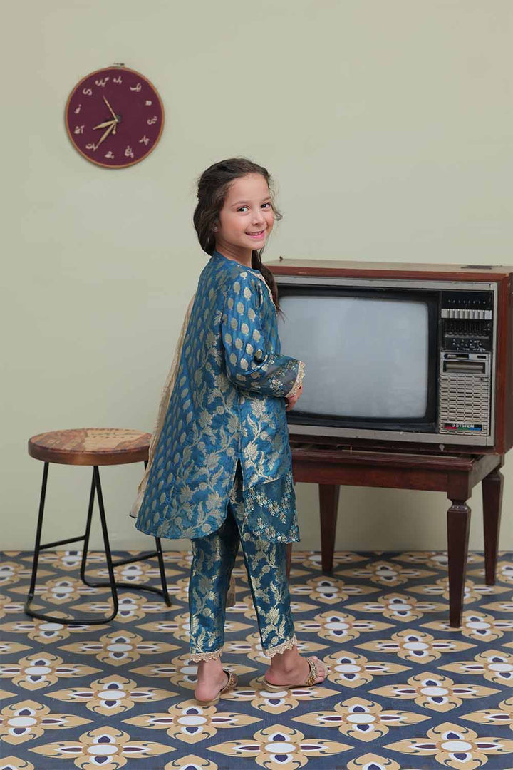 Senorita Kids RTW Tarqouise blue and Golden Formal 3 Piece Suit Banarsi Jacquard KDD-02106 - Winter Collection