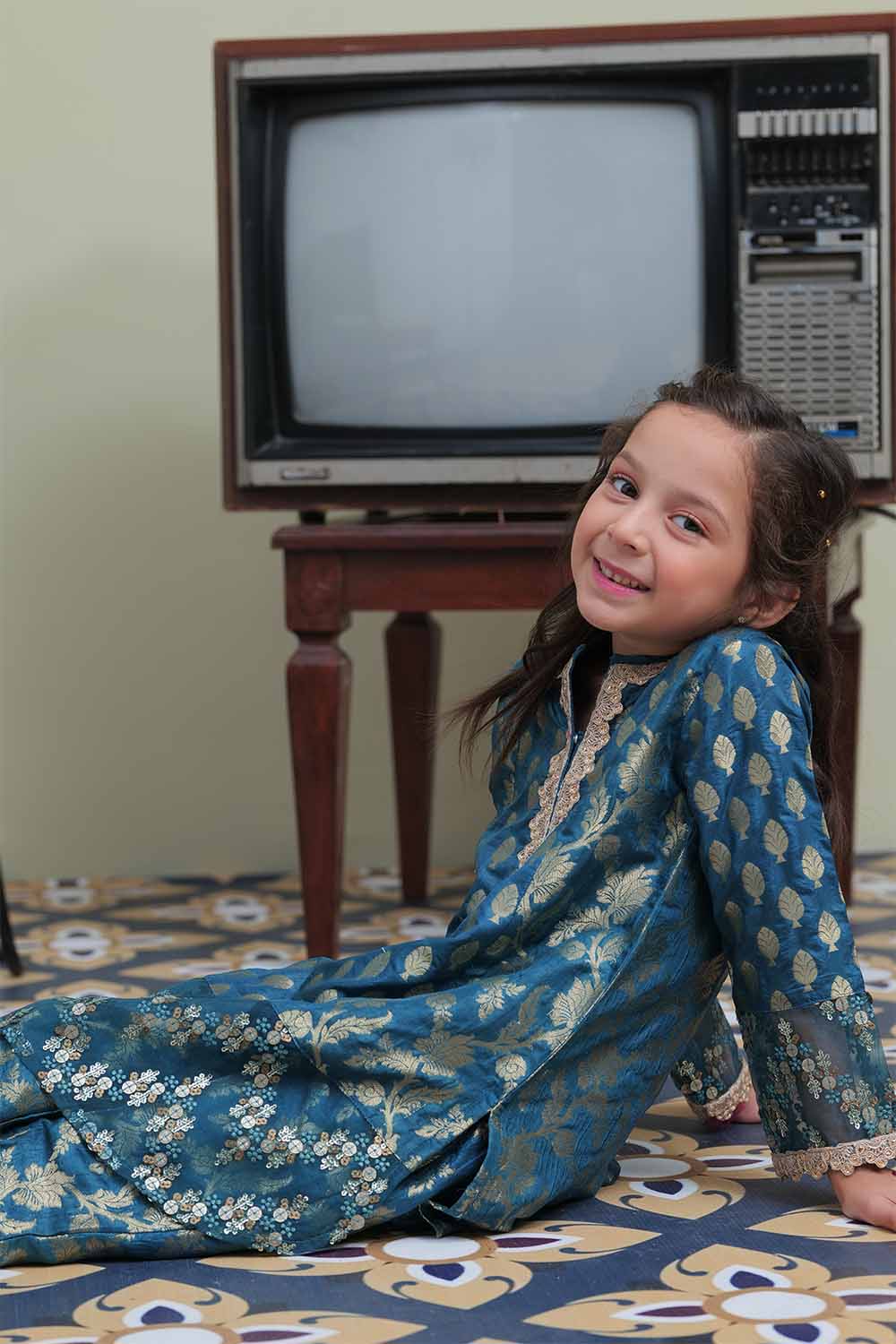 Senorita Kids RTW Tarqouise blue and Golden Formal 3 Piece Suit Banarsi Jacquard KDD-02106 - Winter Collection