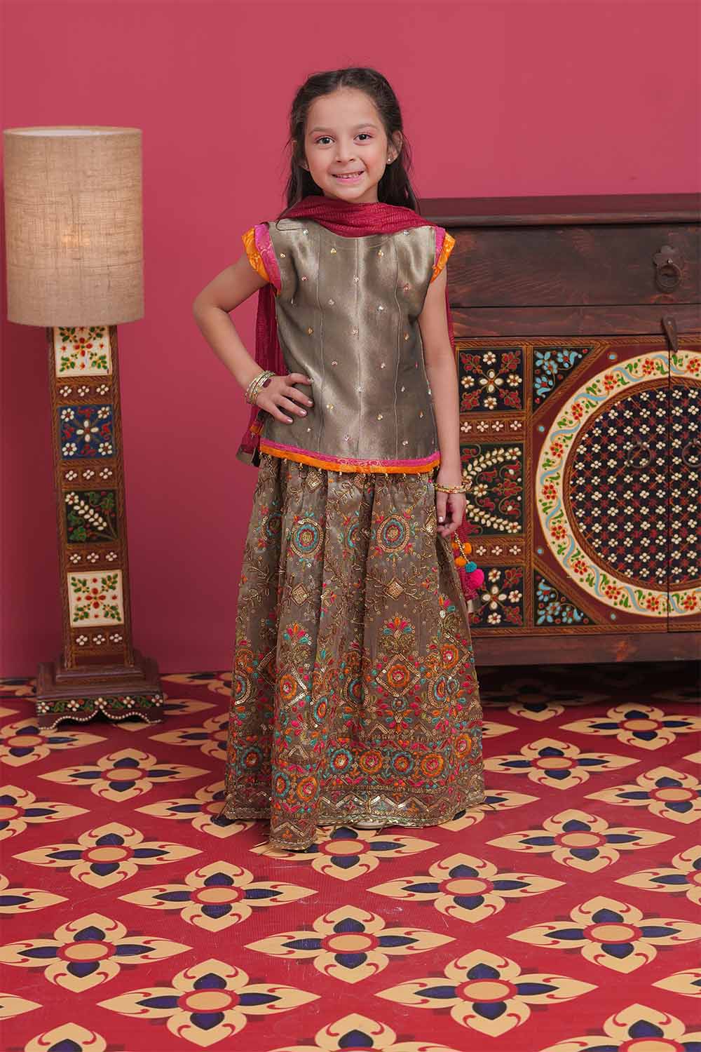 Senorita Kids RTW Beige and Multicolor Formal 3 Piece Suit Banarsi Organza Tissue KDD-02058 - Winter Collection