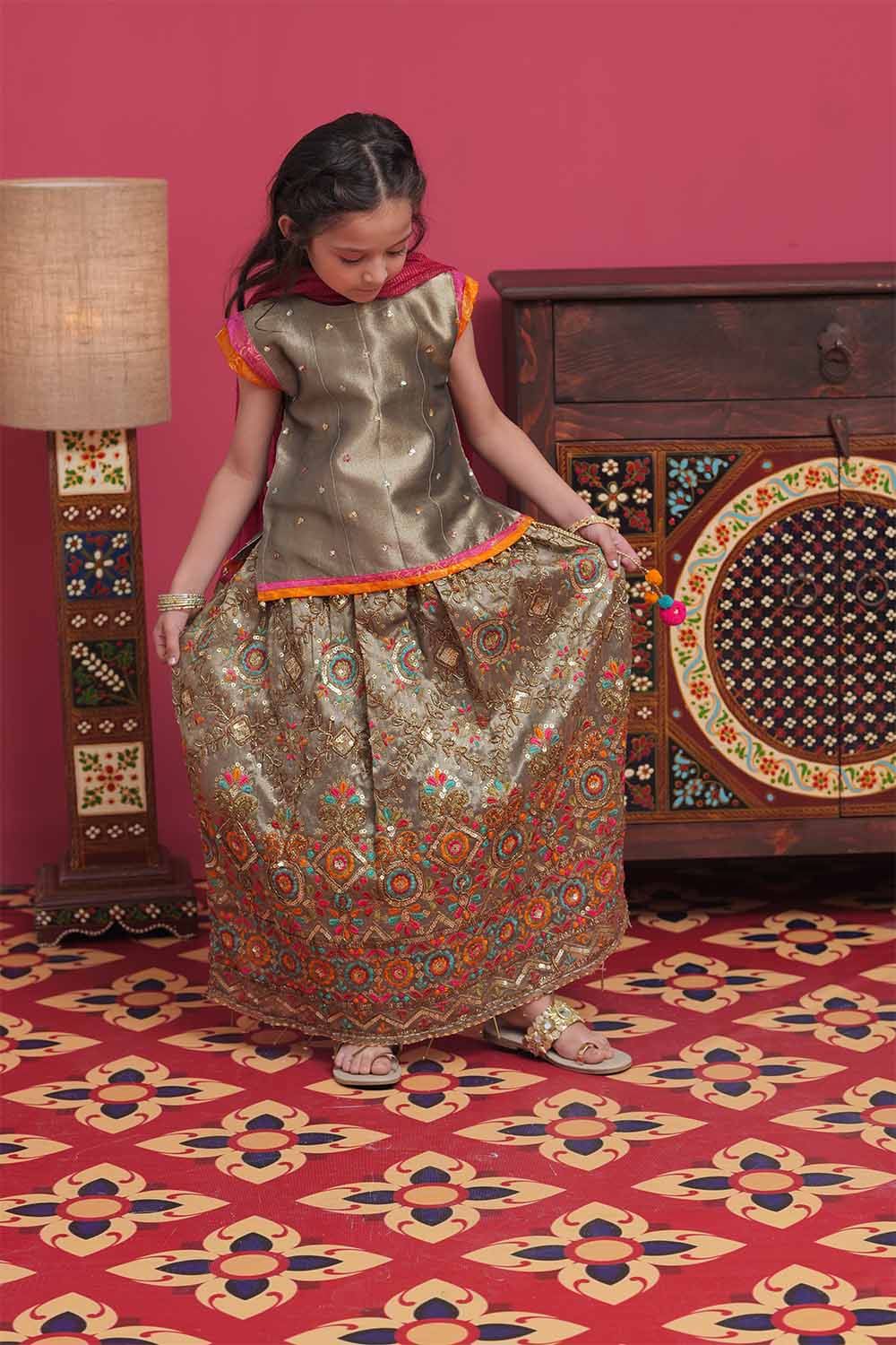 Senorita Kids RTW Beige and Multicolor Formal 3 Piece Suit Banarsi Organza Tissue KDD-02058 - Winter Collection