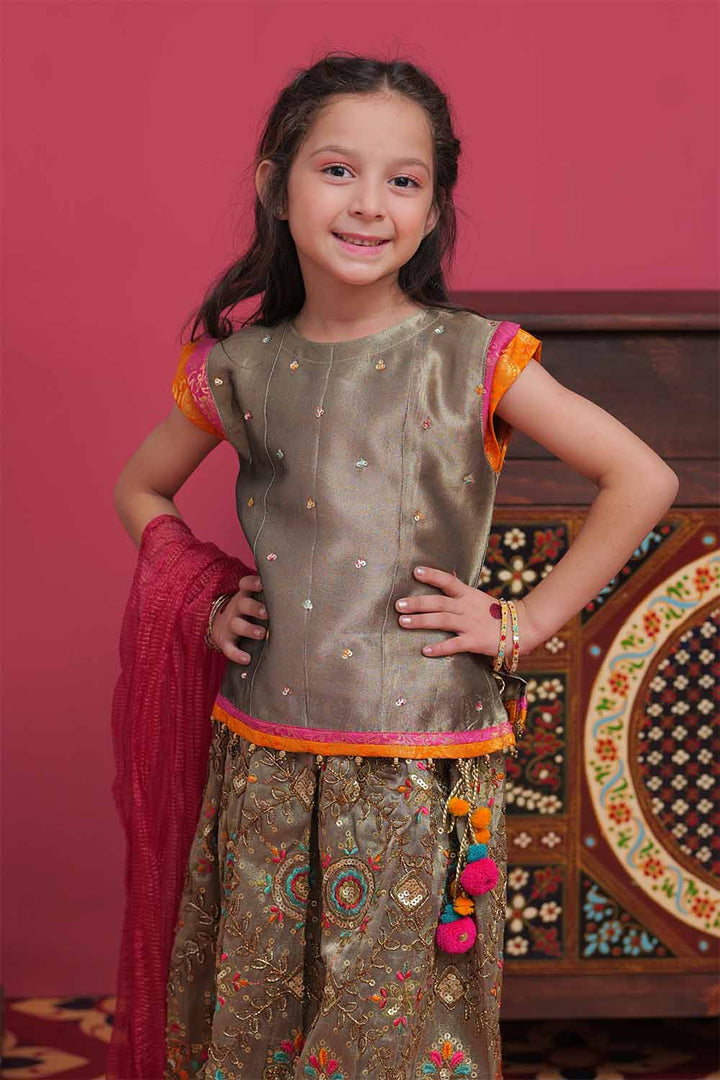 Senorita Kids RTW Beige and Multicolor Formal 3 Piece Suit Banarsi Organza Tissue KDD-02058 - Winter Collection
