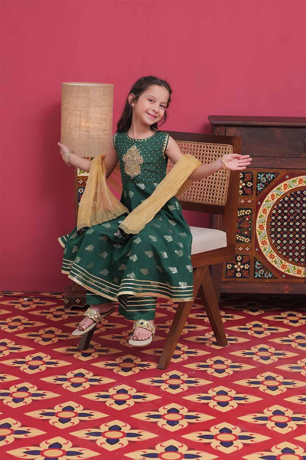 Senorita Kids RTW Bottle Green and Gold Formal 3 Piece Suit Banarsi Viscose Jacquard KDD-02054 - Winter Collection