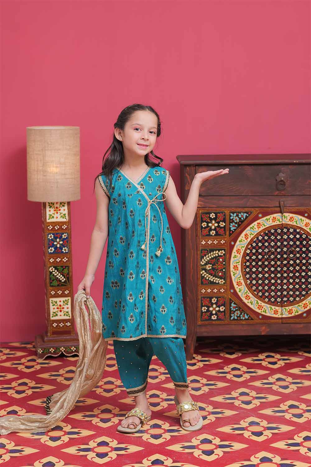 Senorita Kids RTW Sea Green and Gold Formal 3 Piece Suit Banarsi Jacquard KDD-02105 - Winter Collection