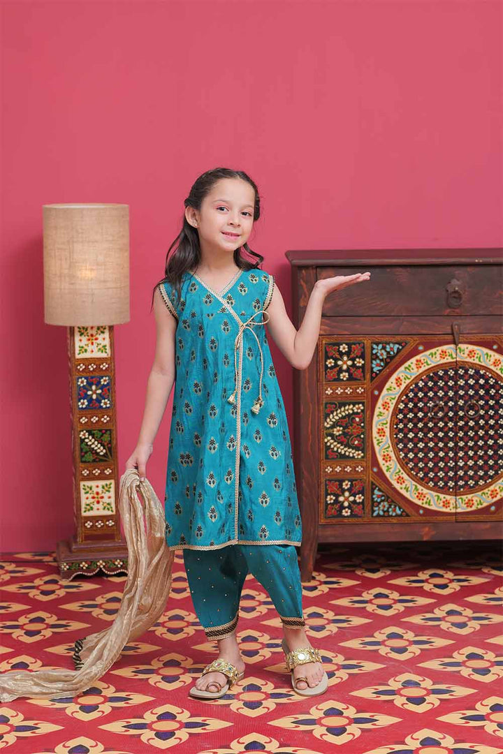 Senorita Kids RTW Sea Green and Gold Formal 3 Piece Suit Banarsi Jacquard KDD-02105 - Winter Collection