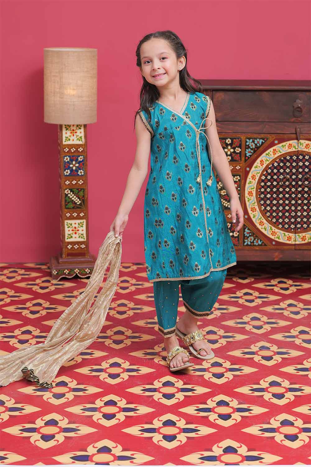 Senorita Kids RTW Sea Green and Gold Formal 3 Piece Suit Banarsi Jacquard KDD-02105 - Winter Collection
