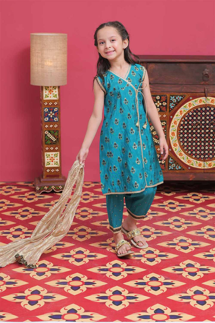 Senorita Kids RTW Sea Green and Gold Formal 3 Piece Suit Banarsi Jacquard KDD-02105 - Winter Collection