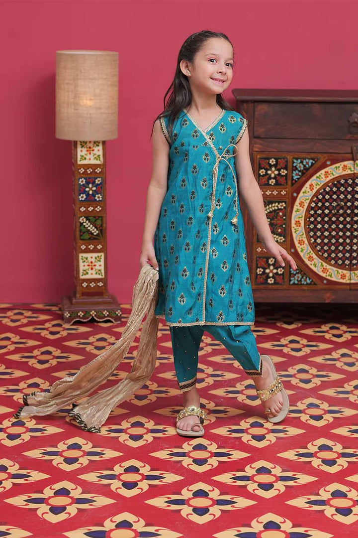 Senorita Kids RTW Sea Green and Gold Formal 3 Piece Suit Banarsi Jacquard KDD-02105 - Winter Collection