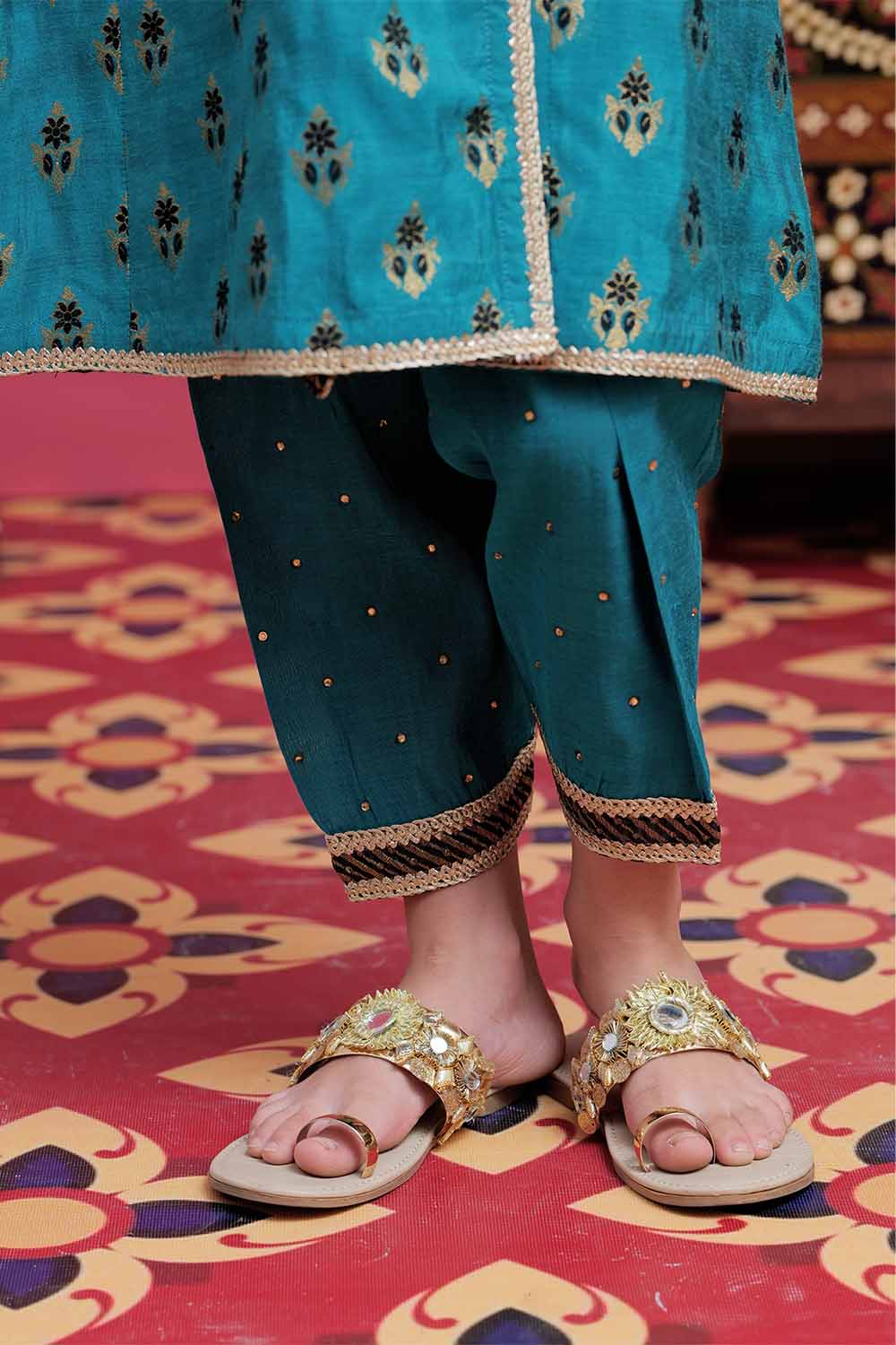 Senorita Kids RTW Sea Green and Gold Formal 3 Piece Suit Banarsi Jacquard KDD-02105 - Winter Collection