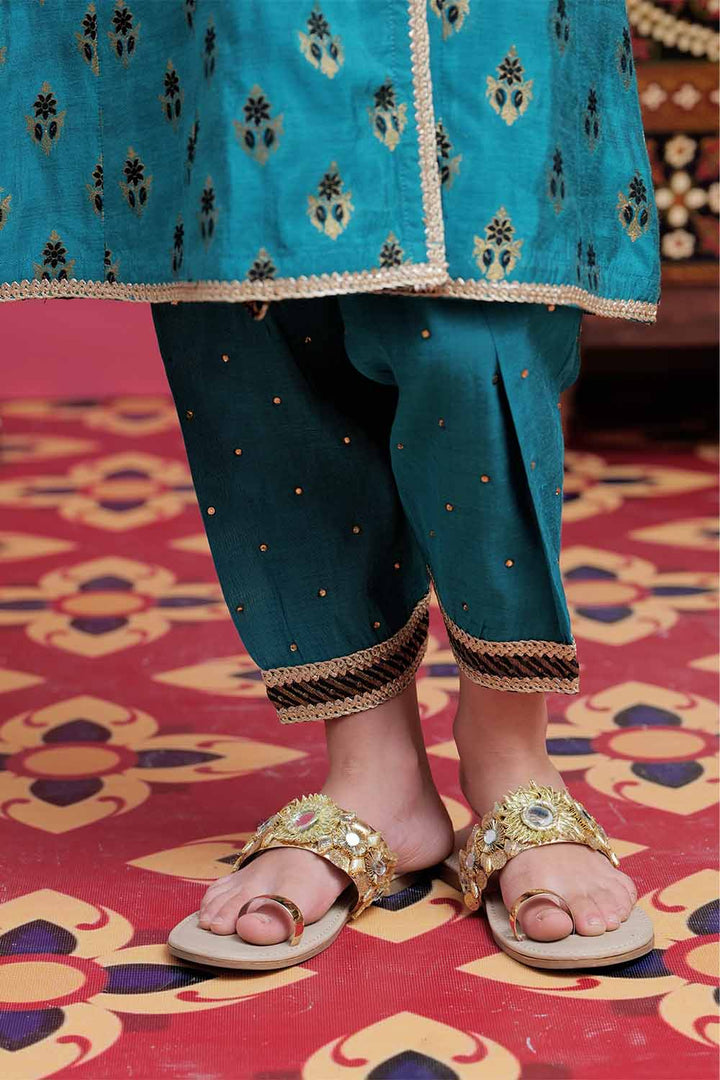 Senorita Kids RTW Sea Green and Gold Formal 3 Piece Suit Banarsi Jacquard KDD-02105 - Winter Collection
