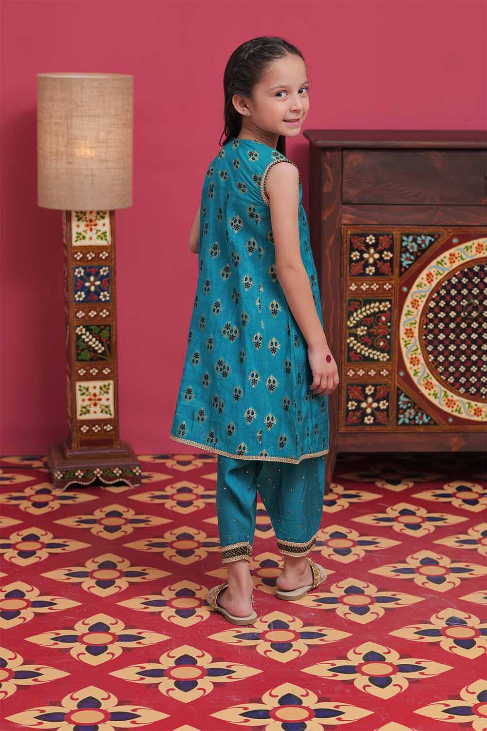 Senorita Kids RTW Sea Green and Gold Formal 3 Piece Suit Banarsi Jacquard KDD-02105 - Winter Collection