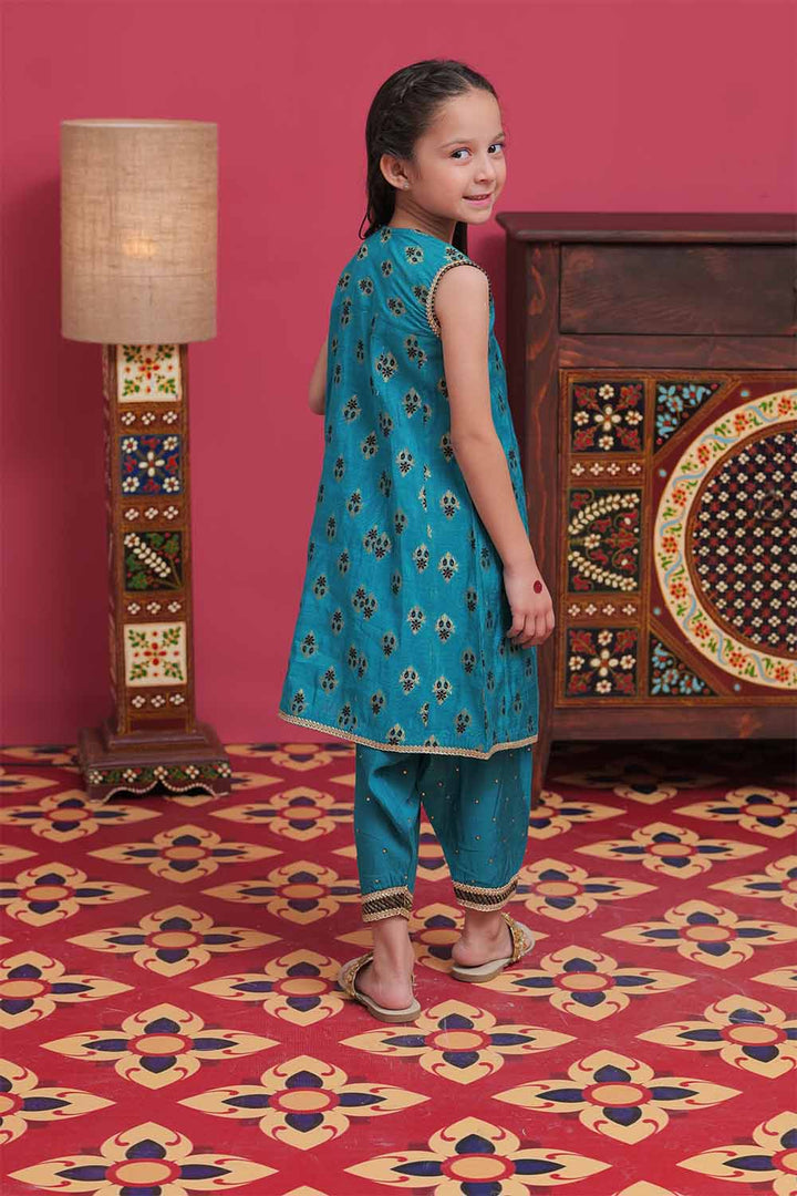 Senorita Kids RTW Sea Green and Gold Formal 3 Piece Suit Banarsi Jacquard KDD-02105 - Winter Collection