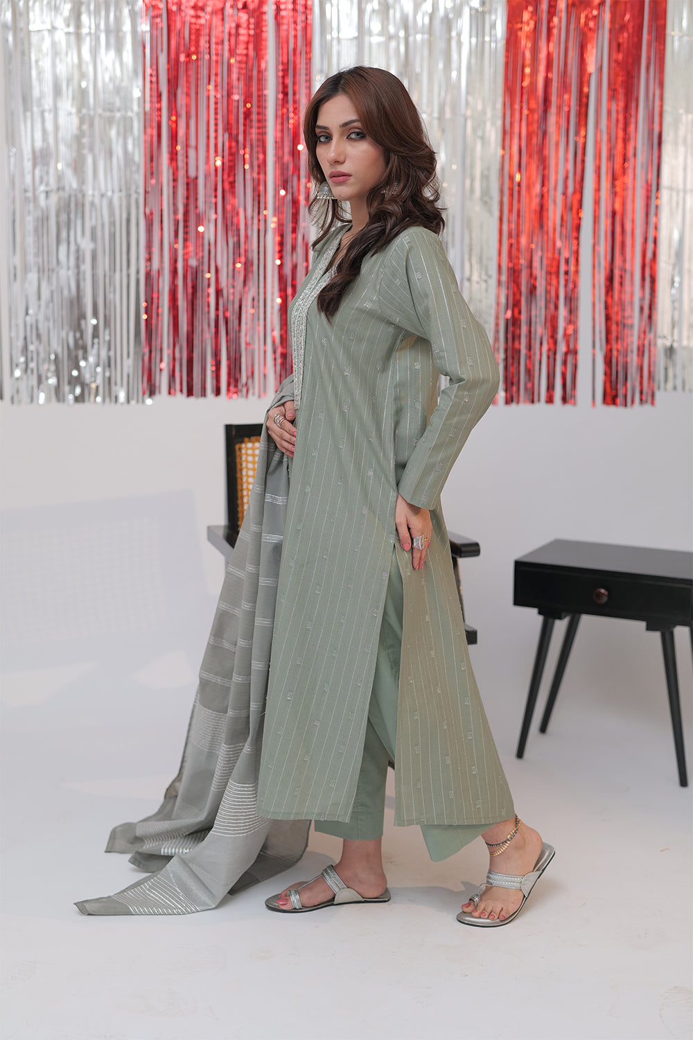 Senorita Women RTW Women Solids Green and Silver Casual plus 3 Piece Suit Cotton Jacquard Dobby LBD-02586 - Winter Collection