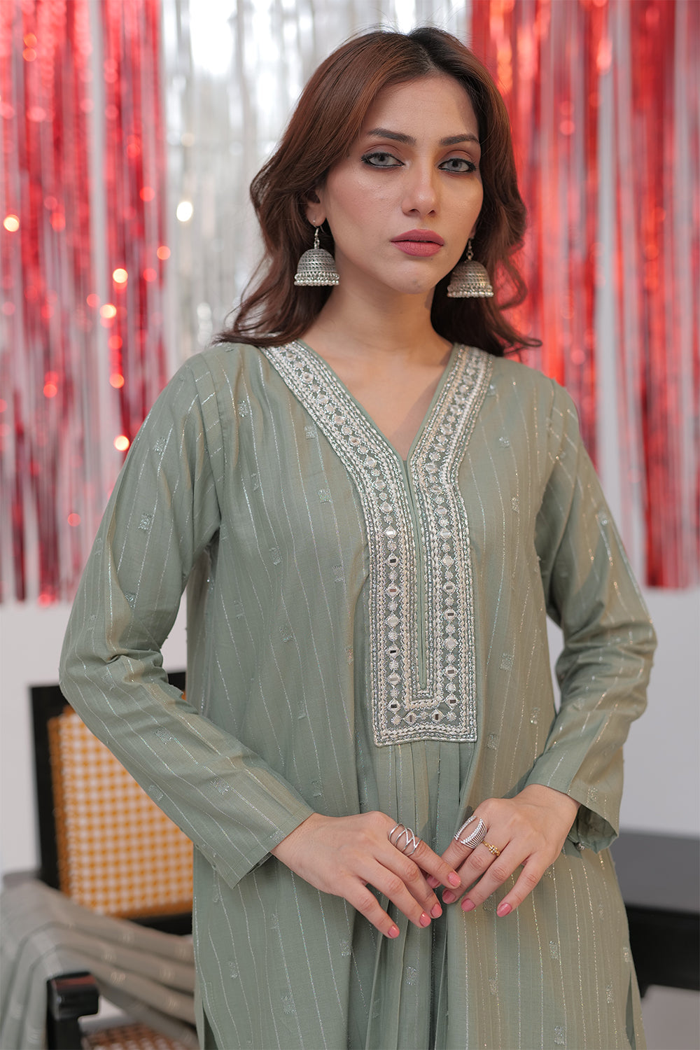 Senorita Women RTW Women Solids Green and Silver Casual plus 3 Piece Suit Cotton Jacquard Dobby LBD-02586 - Winter Collection