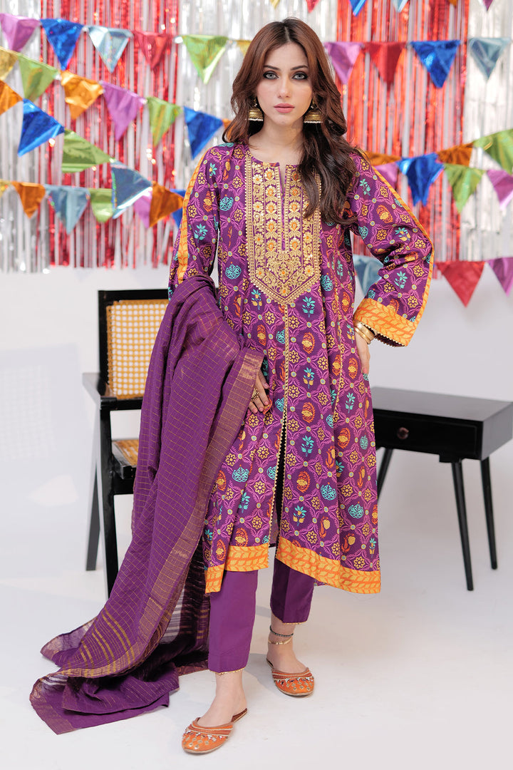 Senorita Women RTW Women Embroidered Purple and Gold Casual Plus 3 Piece Suit Cotton Gold Lawn LBD-02533 - Summer Collection