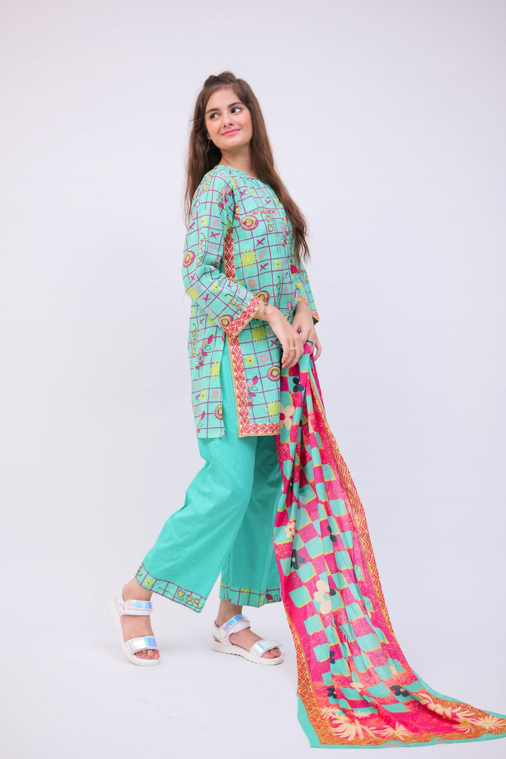 Senorita Girls Ready to Wear Girls Sea Green and Multicolor Casual 3 Piece Suit Cotton Lawn Printed GAD-02749 - Summer Collection