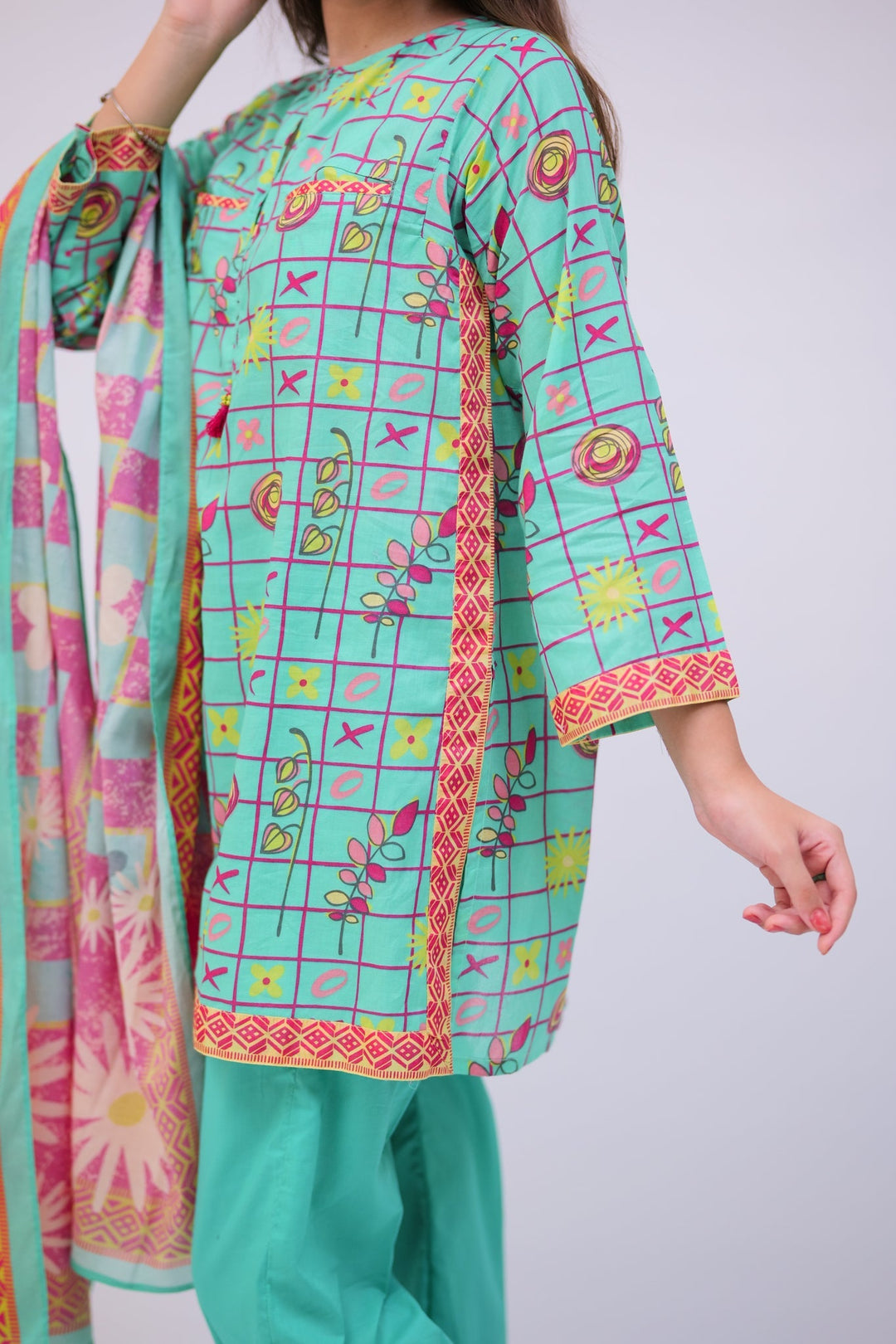 Senorita Girls Ready to Wear Girls Sea Green and Multicolor Casual 3 Piece Suit Cotton Lawn Printed GAD-02749 - Summer Collection